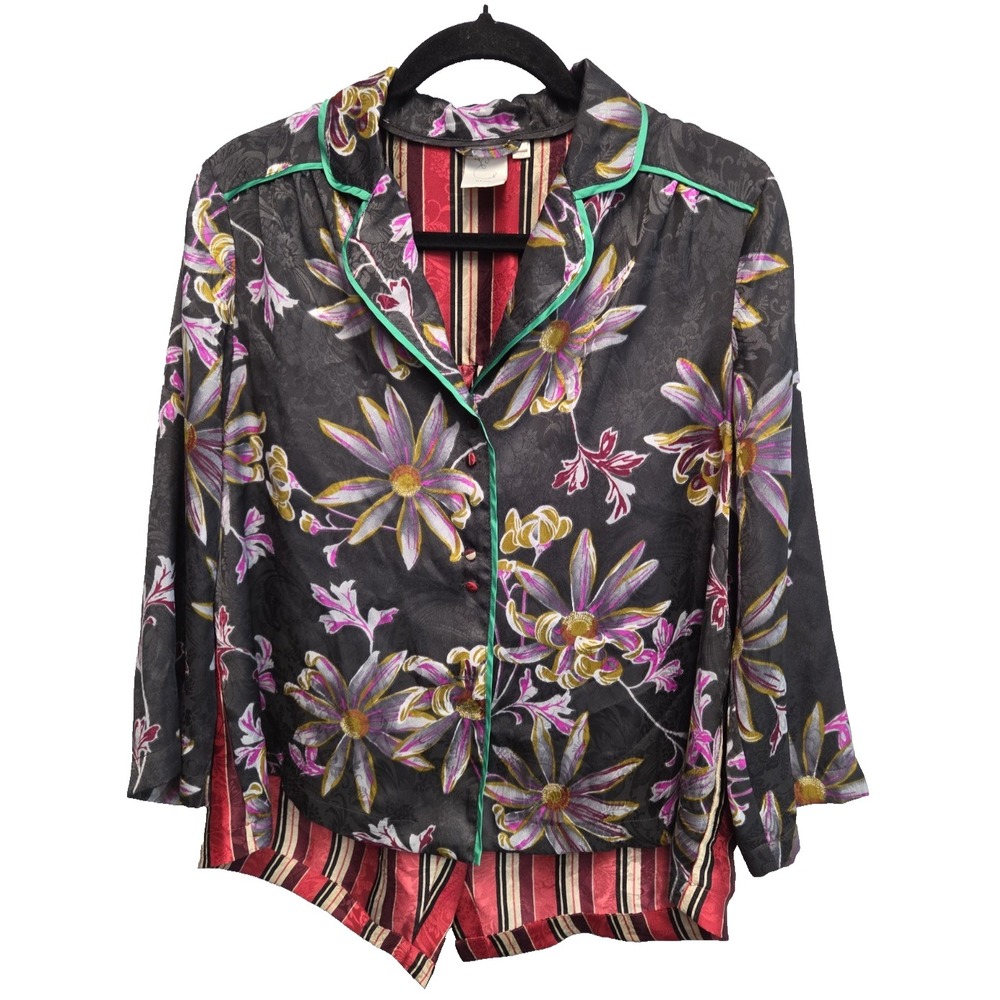Anthropologie E Eloise Floral Stripe Satin Sleep Top S Collared Button Down